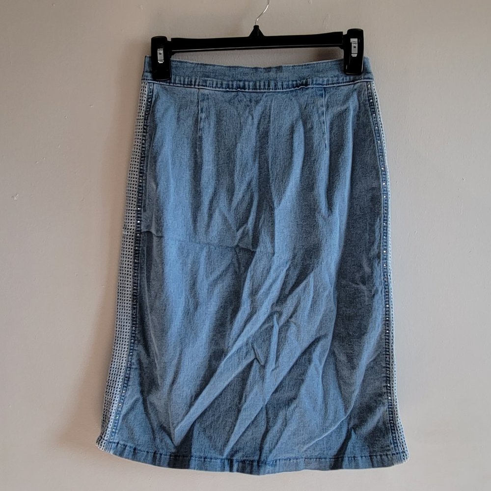 Lafei-nier Lightweight Blue Denim Straight Skirt Rhinestones Size 3 Stretch EUC